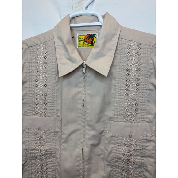 Genuine Habano Guayabera Shirt Short Sleeve Zip Up Embroidered Beige Large Mens - Picture 1 of 5